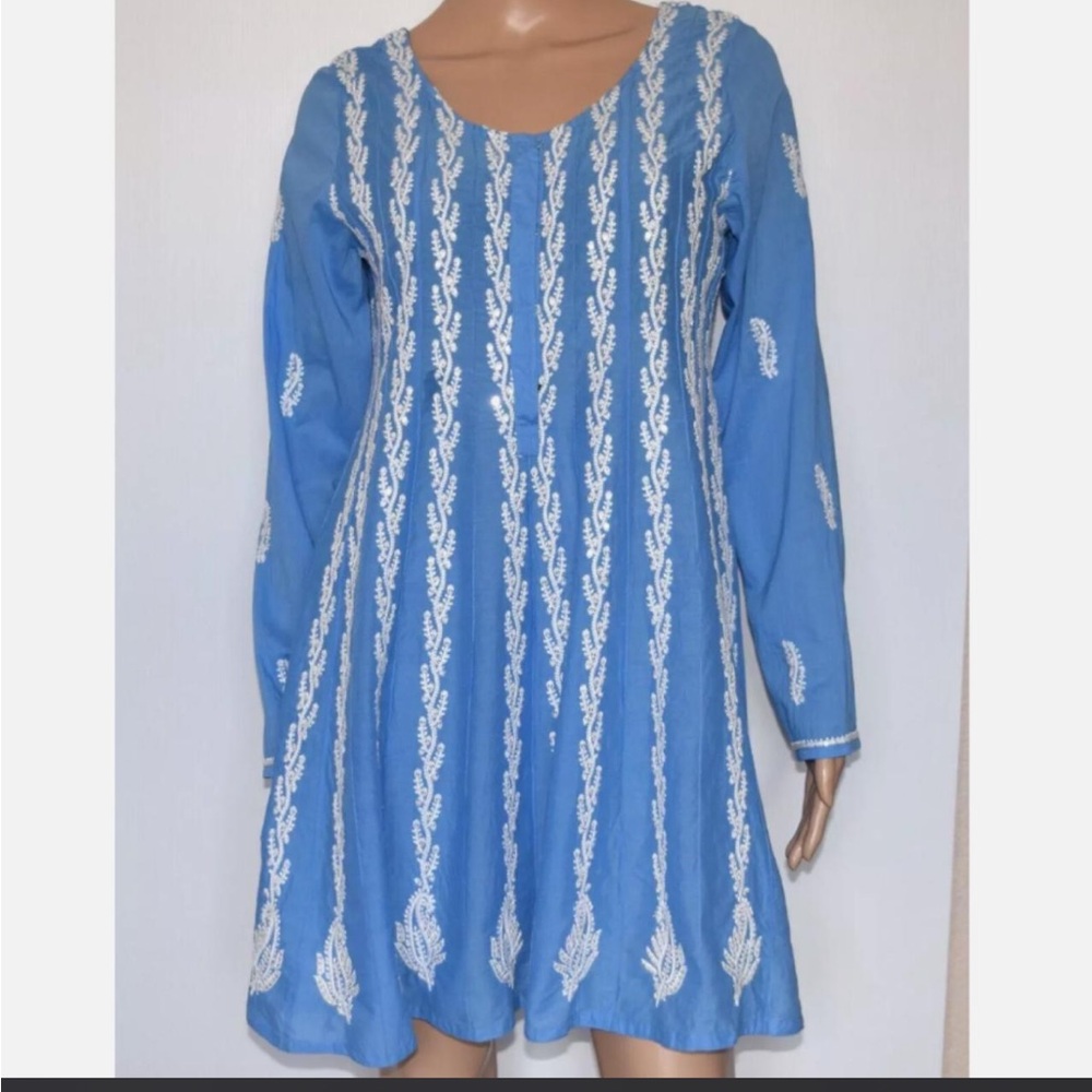 Soft Surroundings Blue Tunic mini dress White heavy Embroidery cotton long top